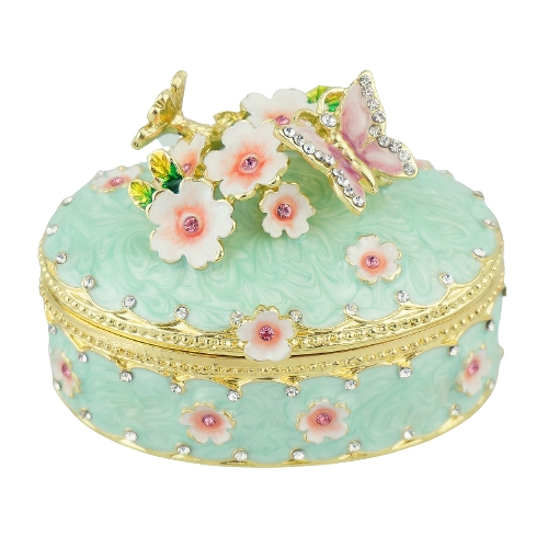 Mint Floral Butterfly Round Trinket Box
