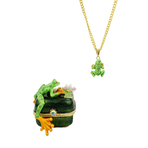 Enamel Frog Trinket Box and Matching Necklace Set