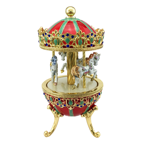 Red & Green Jeweled Egg Carousel Music Box