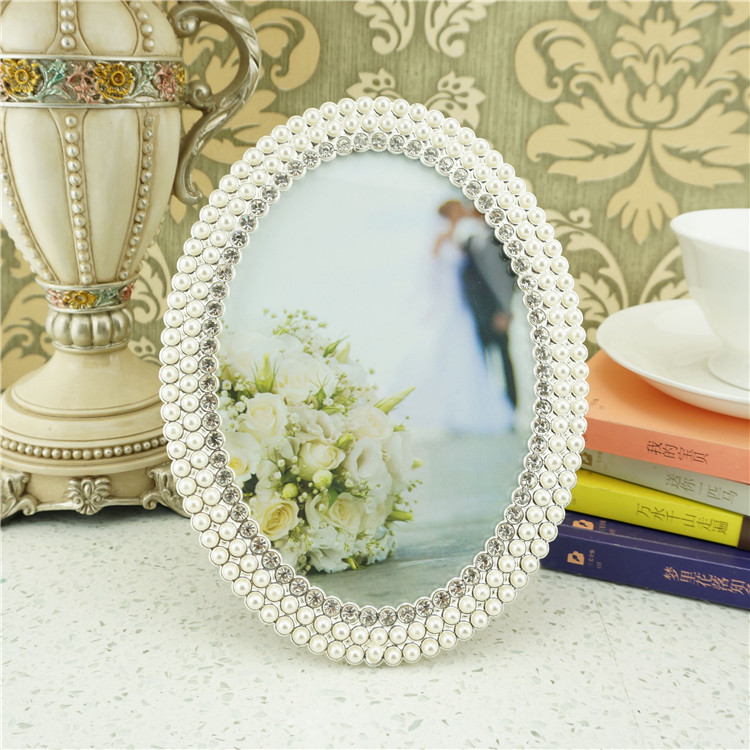 Triple Row Pearl and Crystal Oval Photo Frame