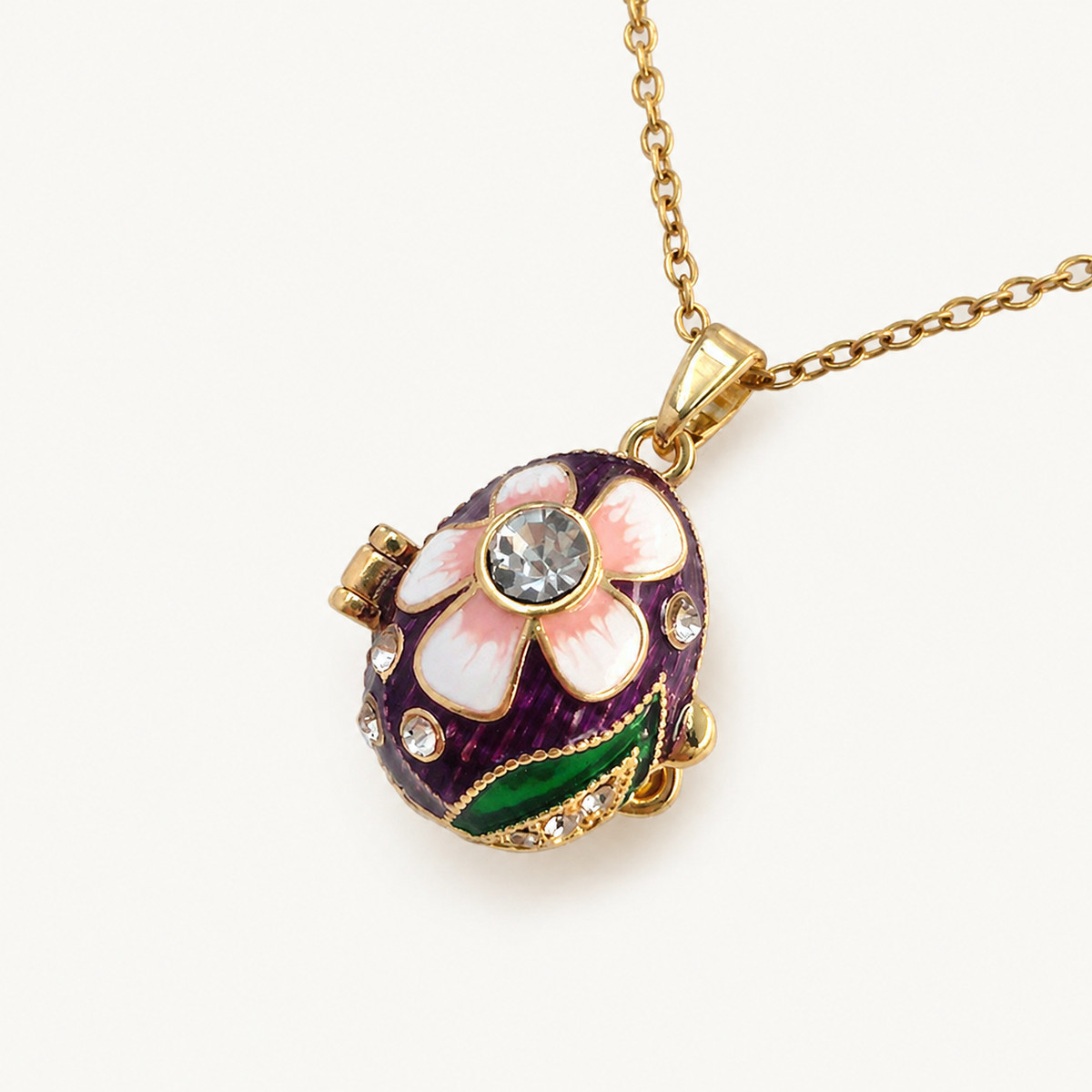 Floral Crystal Enamel Faberge Egg Locket Pendant - view 5