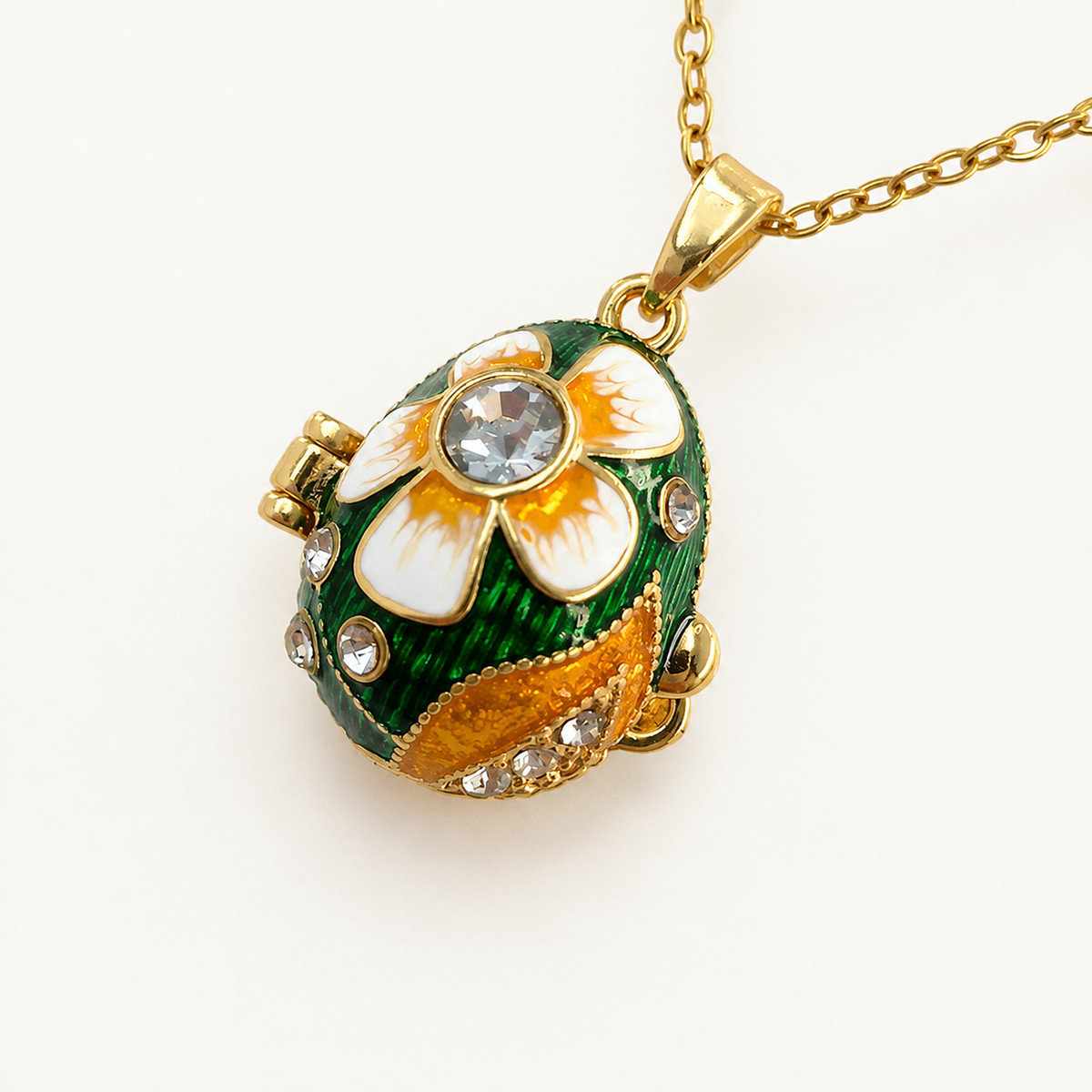 Floral Crystal Enamel Faberge Egg Locket Pendant - view 9