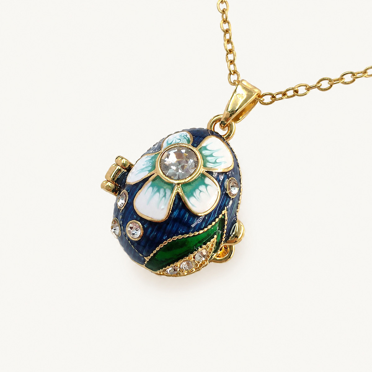 Floral Crystal Enamel Faberge Egg Locket Pendant - view 7