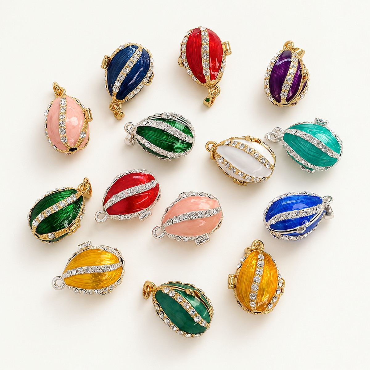 Crystal Ribbon Enamel Faberge Egg Locket Pendant - view 14