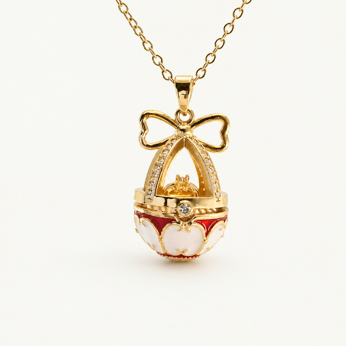 Bow Crown Enamel Faberge Egg Locket Pendant - view 3