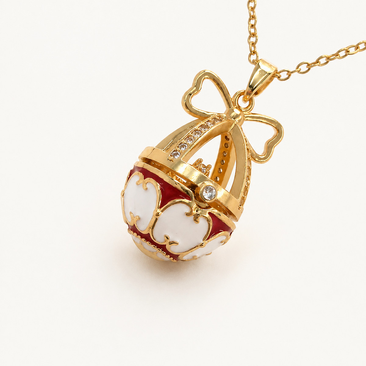 Bow Crown Enamel Faberge Egg Locket Pendant - view 4