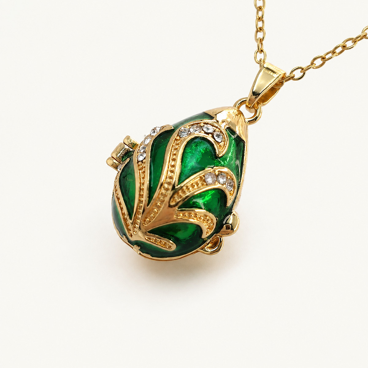 Crystal Leaf Scroll Faberge Egg Locket Pendant - view 7