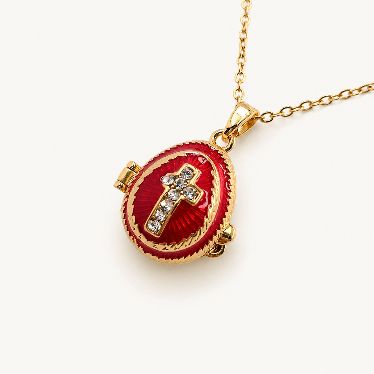 Crystal Cross Enamel Faberge Egg Locket Pendant - view 3