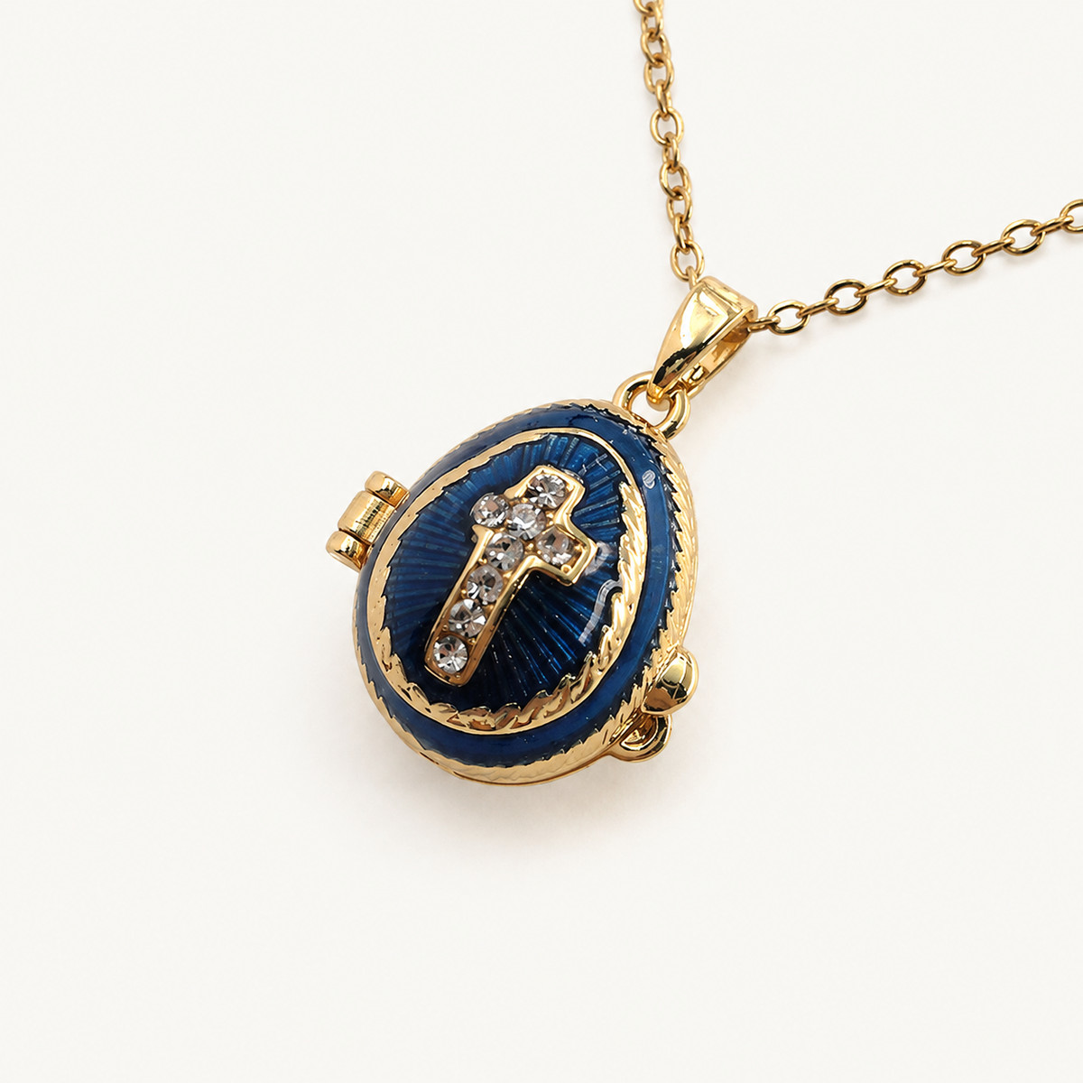 Crystal Cross Enamel Faberge Egg Locket Pendant - view 4