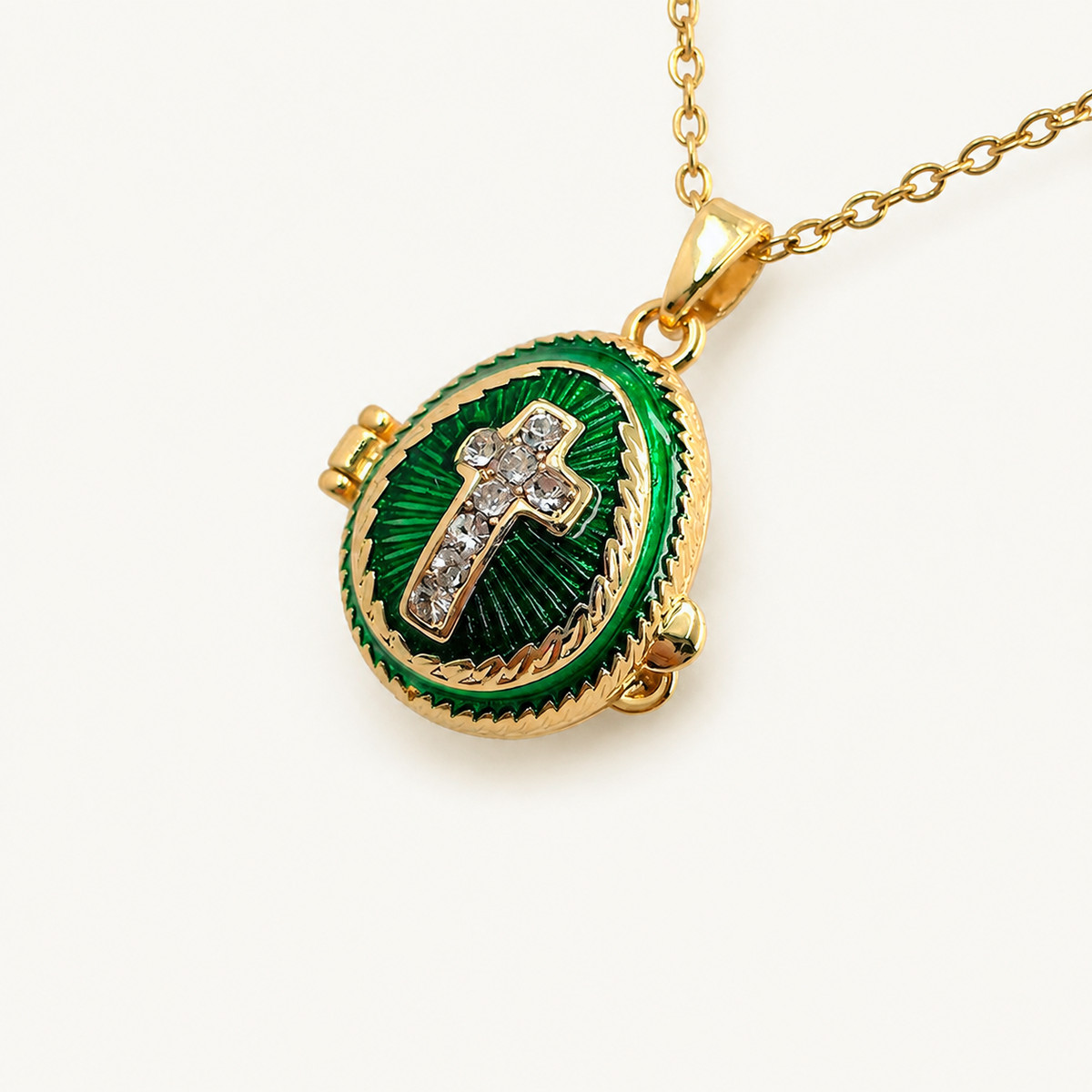 Crystal Cross Enamel Faberge Egg Locket Pendant - view 2