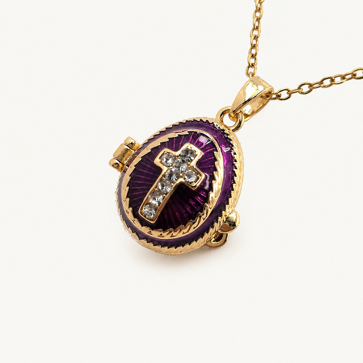 Crystal Cross Enamel Faberge Egg Locket Pendant - view 8