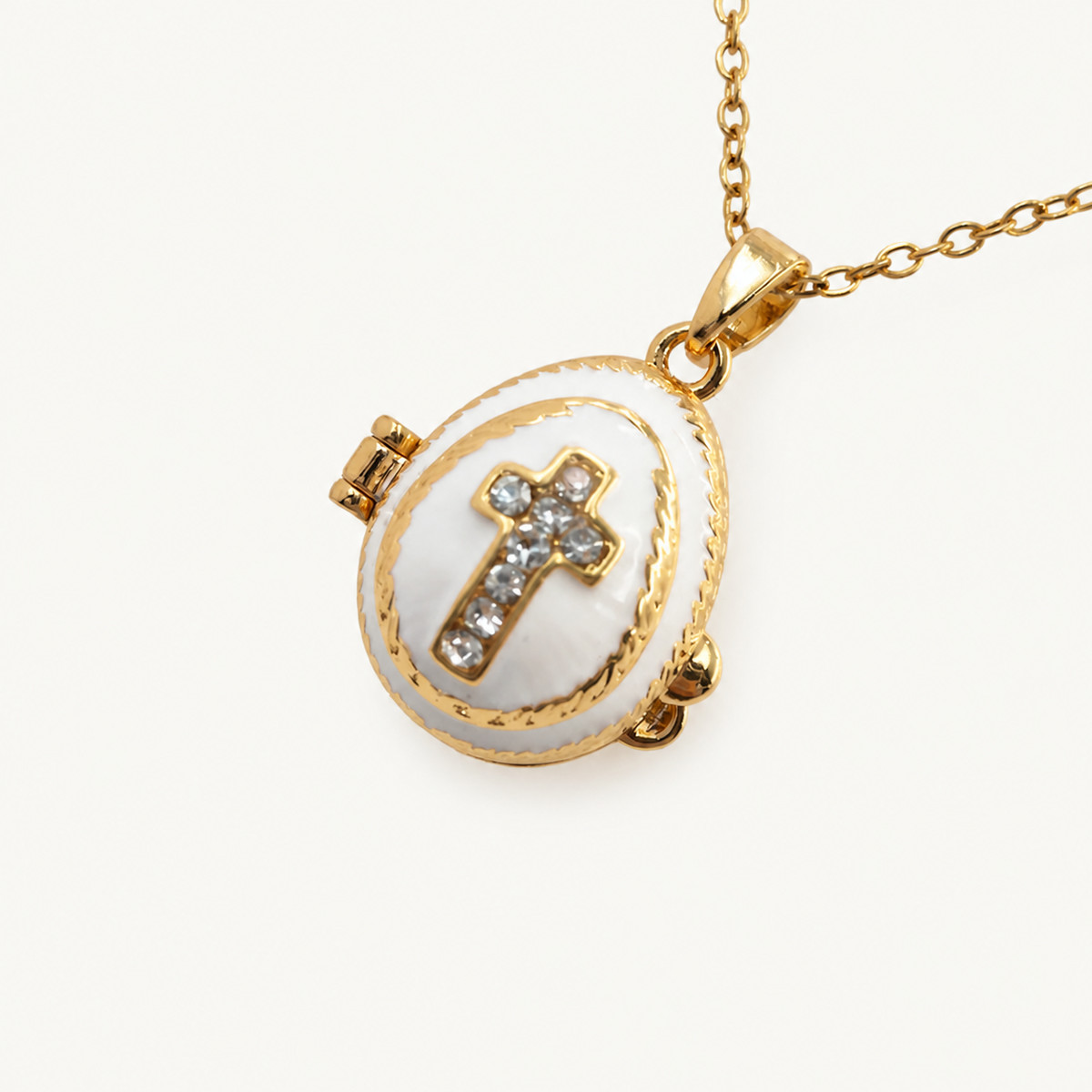 Crystal Cross Enamel Faberge Egg Locket Pendant - view 9