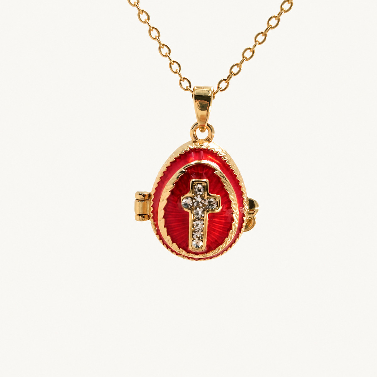 Crystal Cross Enamel Faberge Egg Locket Pendant