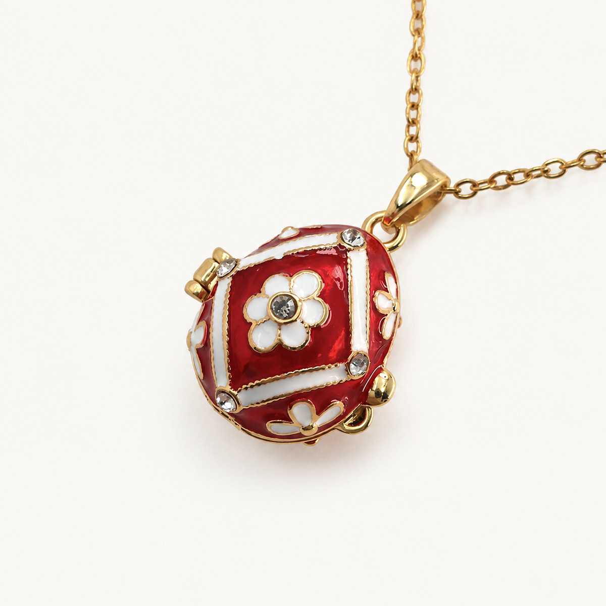 Floral Panel Enamel Faberge Egg Locket Pendant - view 2