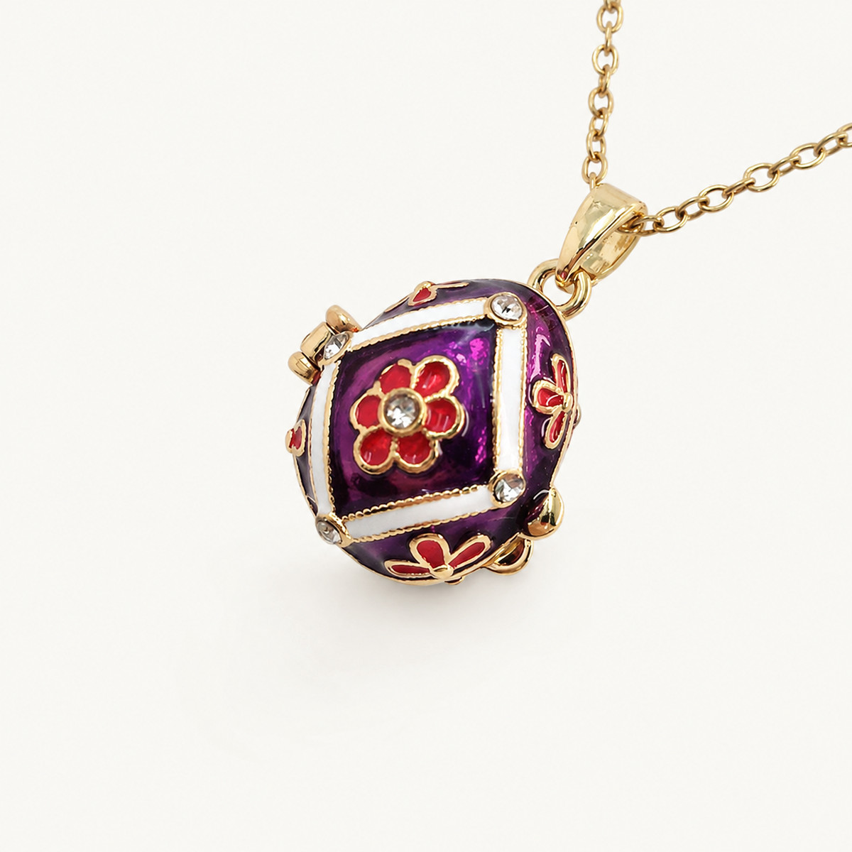 Floral Panel Enamel Faberge Egg Locket Pendant - view 3