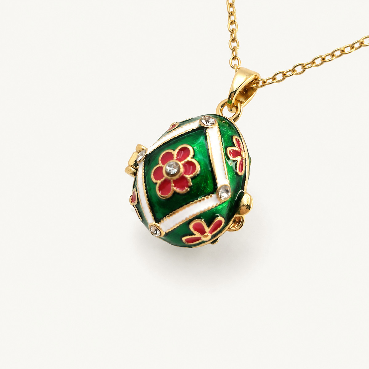 Floral Panel Enamel Faberge Egg Locket Pendant - view 7