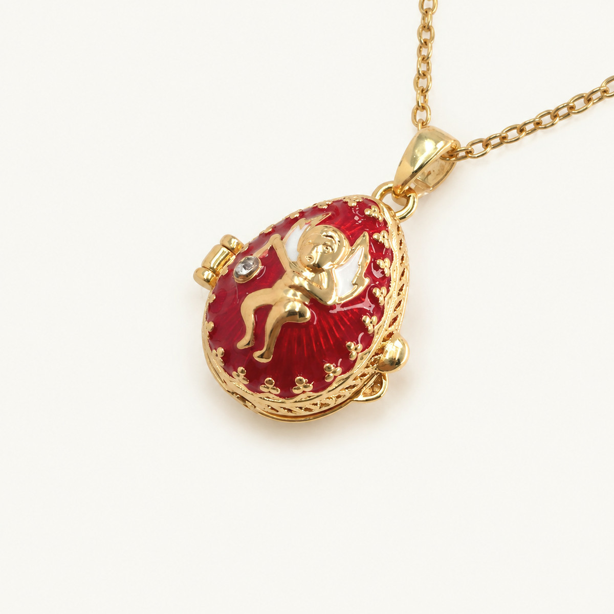 Angel Motif Enamel Faberge Egg Locket Pendant - view 2