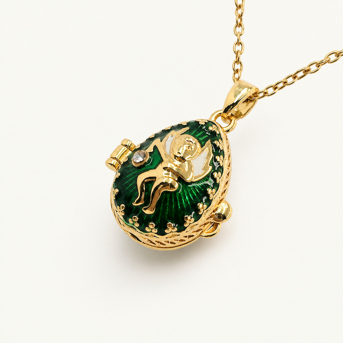 Angel Motif Enamel Faberge Egg Locket Pendant - view 5