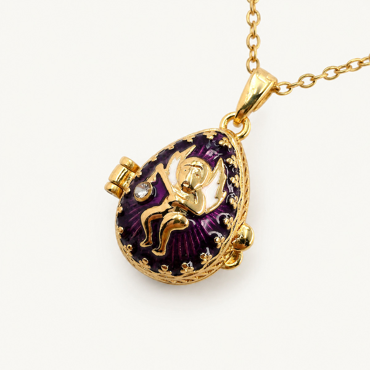 Angel Motif Enamel Faberge Egg Locket Pendant - view 4