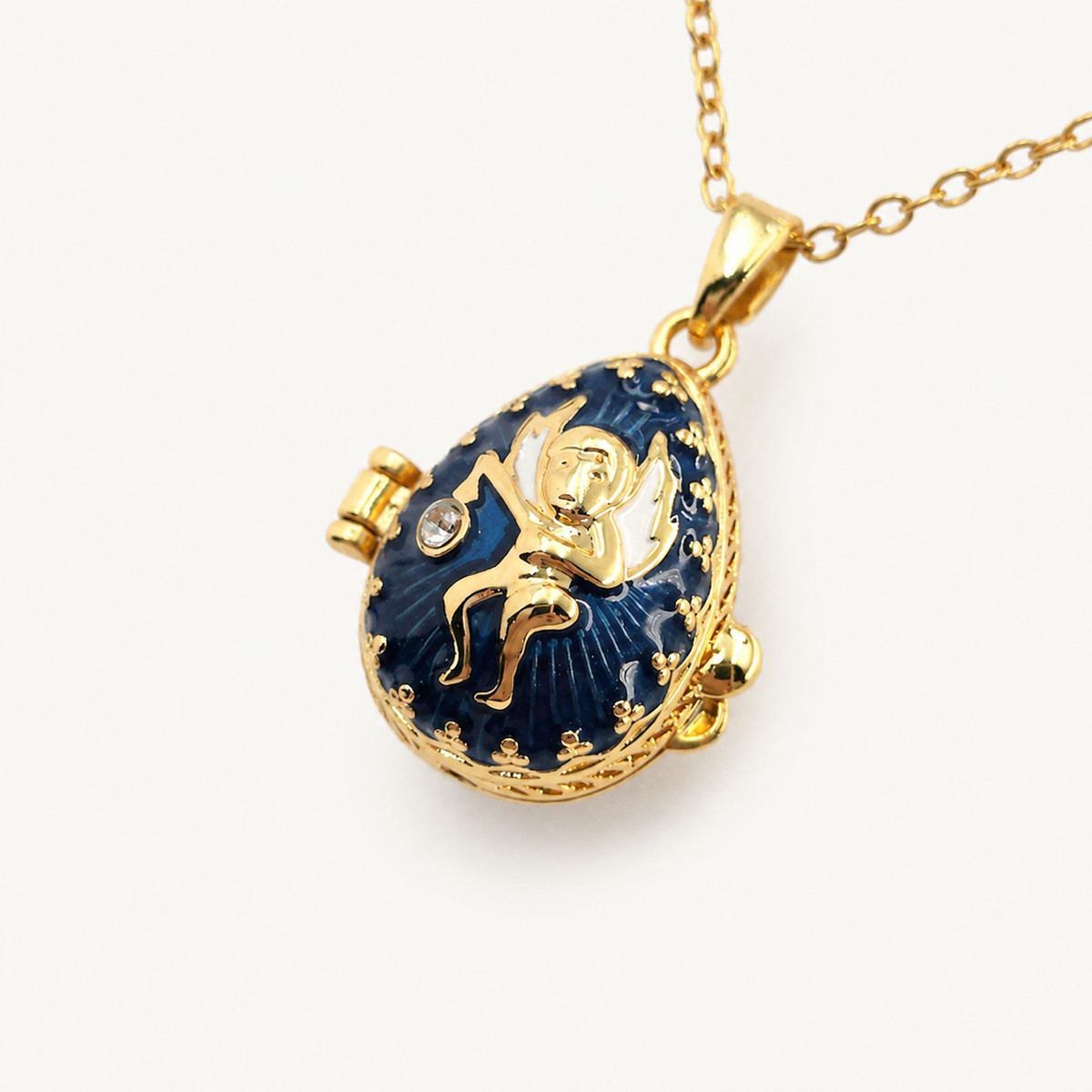 Angel Motif Enamel Faberge Egg Locket Pendant - view 6