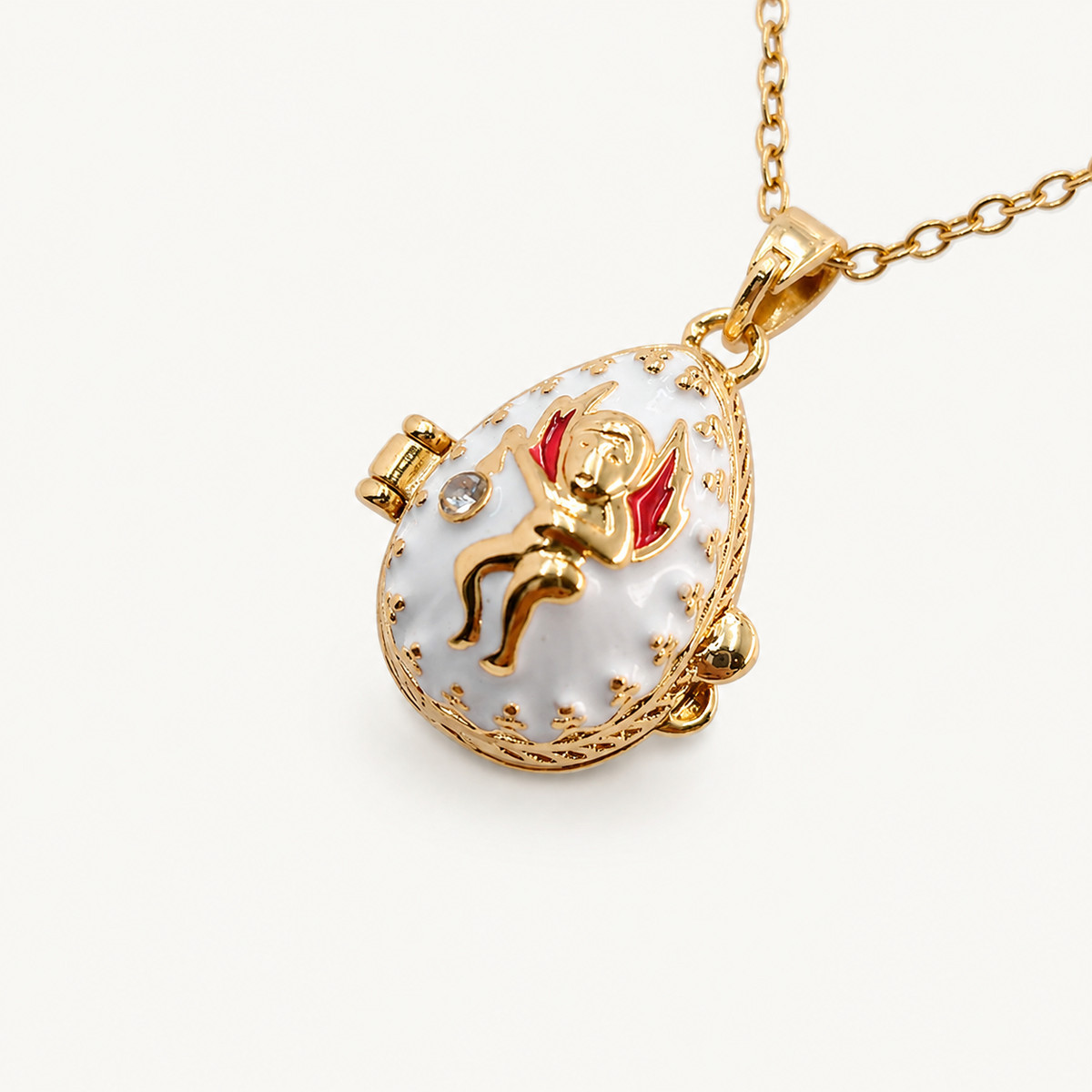 Angel Motif Enamel Faberge Egg Locket Pendant - view 7