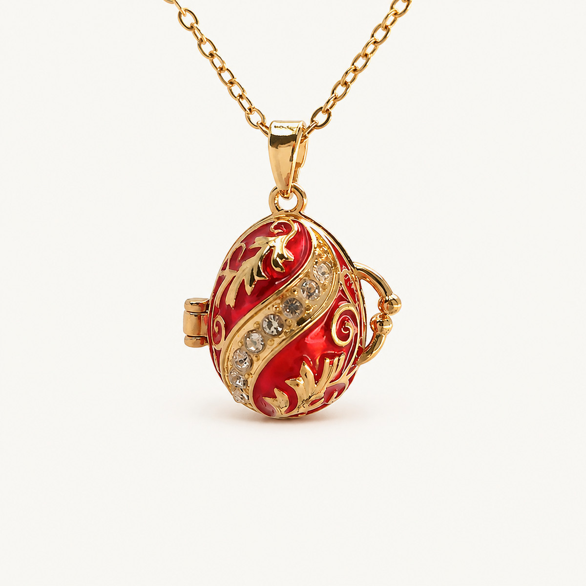 Crystal Scroll Enamel Faberge Egg Locket Pendant - view 1
