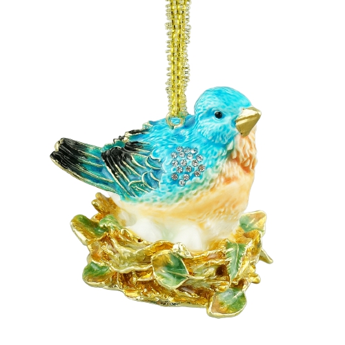 Enamel Bluebird on Nest Ornament