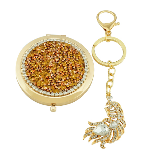 Gold Crystal Compact Mirror & Phoenix Keychain Set