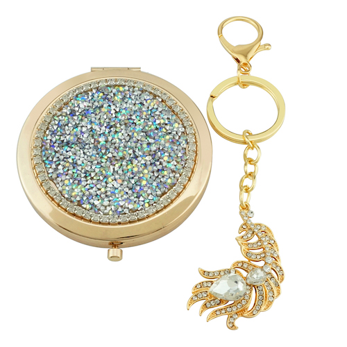 Silver Glitter Compact Mirror & Phoenix Keychain Set