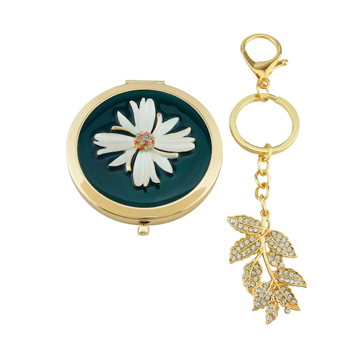 Green Daisy Compact Mirror & Leaf Keychain Set