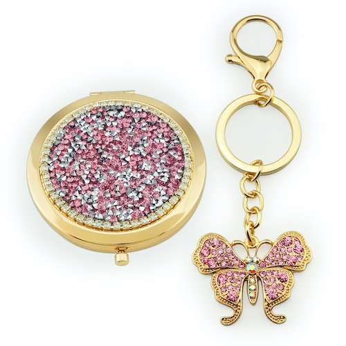 Pink Sparkle Compact Mirror & Butterfly Keychain Set