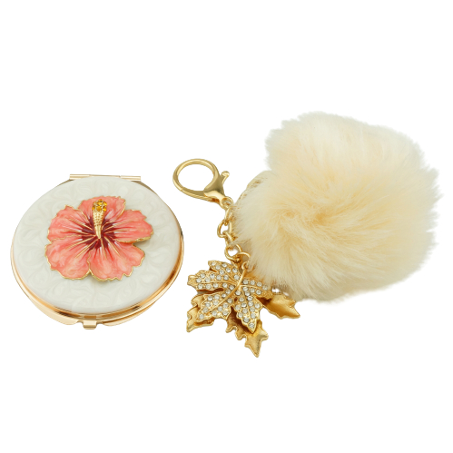 Hibiscus Compact Mirror & Pom-Pom Keychain Set