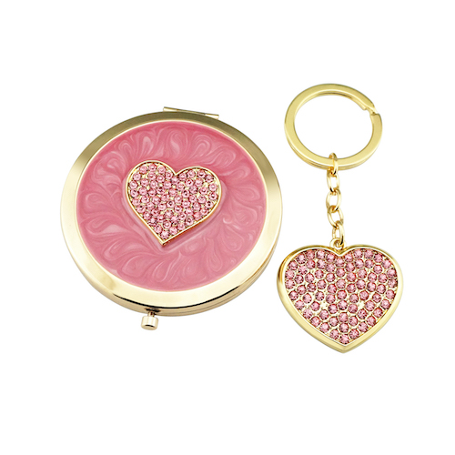 Gold Pink Heart Compact Mirror & Keychain Set