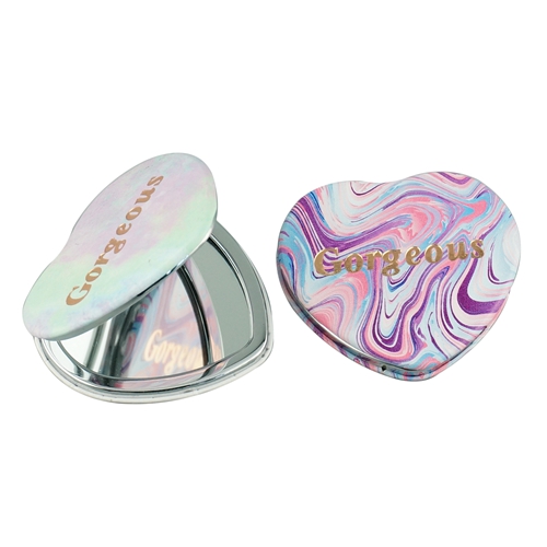 Heart-shaped printed PU leather compact mirrors shown open and closed