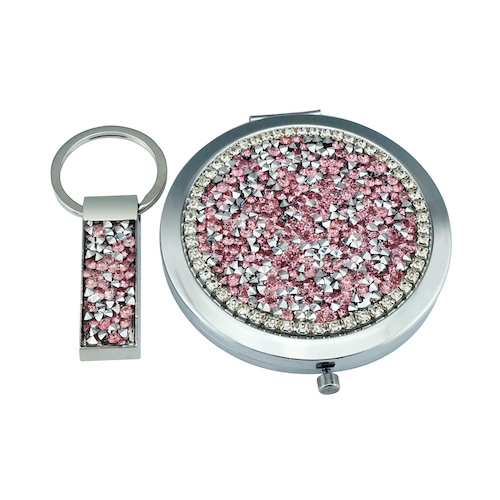 Pink Crushed Crystal Compact Mirror & Keychain Set - view 1