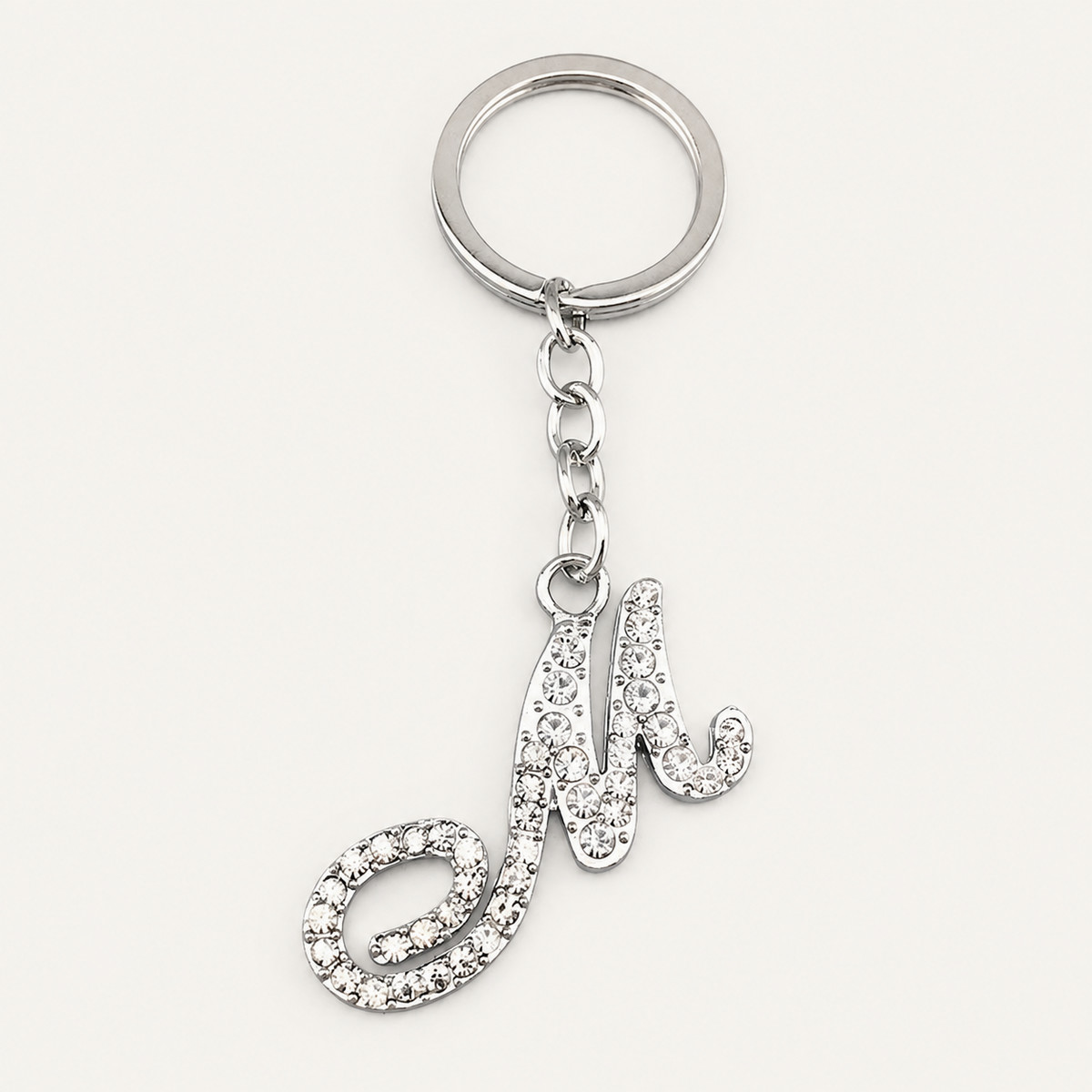 Rhinestone Script Initial Metal Keychain