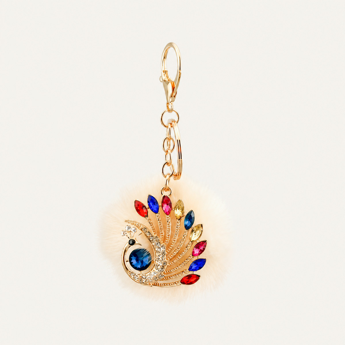 Jeweled Peacock Fur Pom Keychain