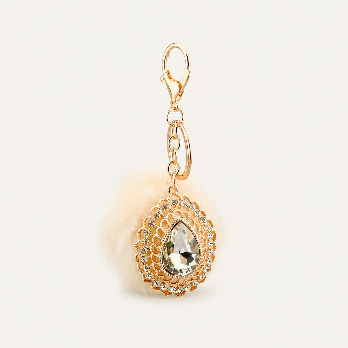 Crystal Teardrop Fur Pom Keychain