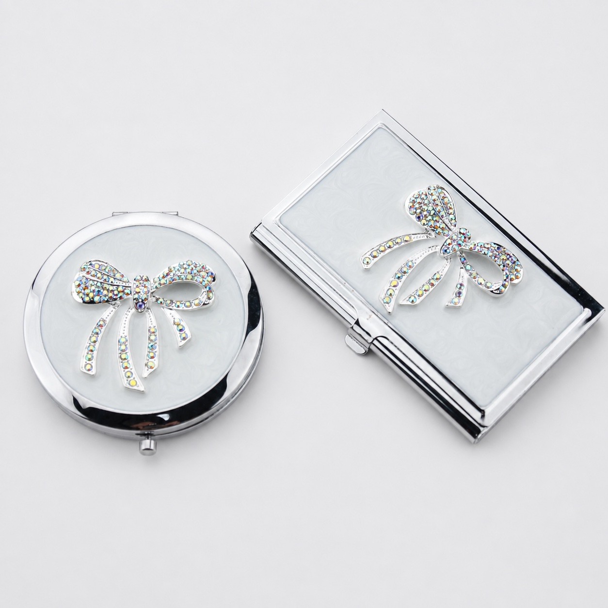 AB Crystal Bow Compact Mirror & Card Holder Set