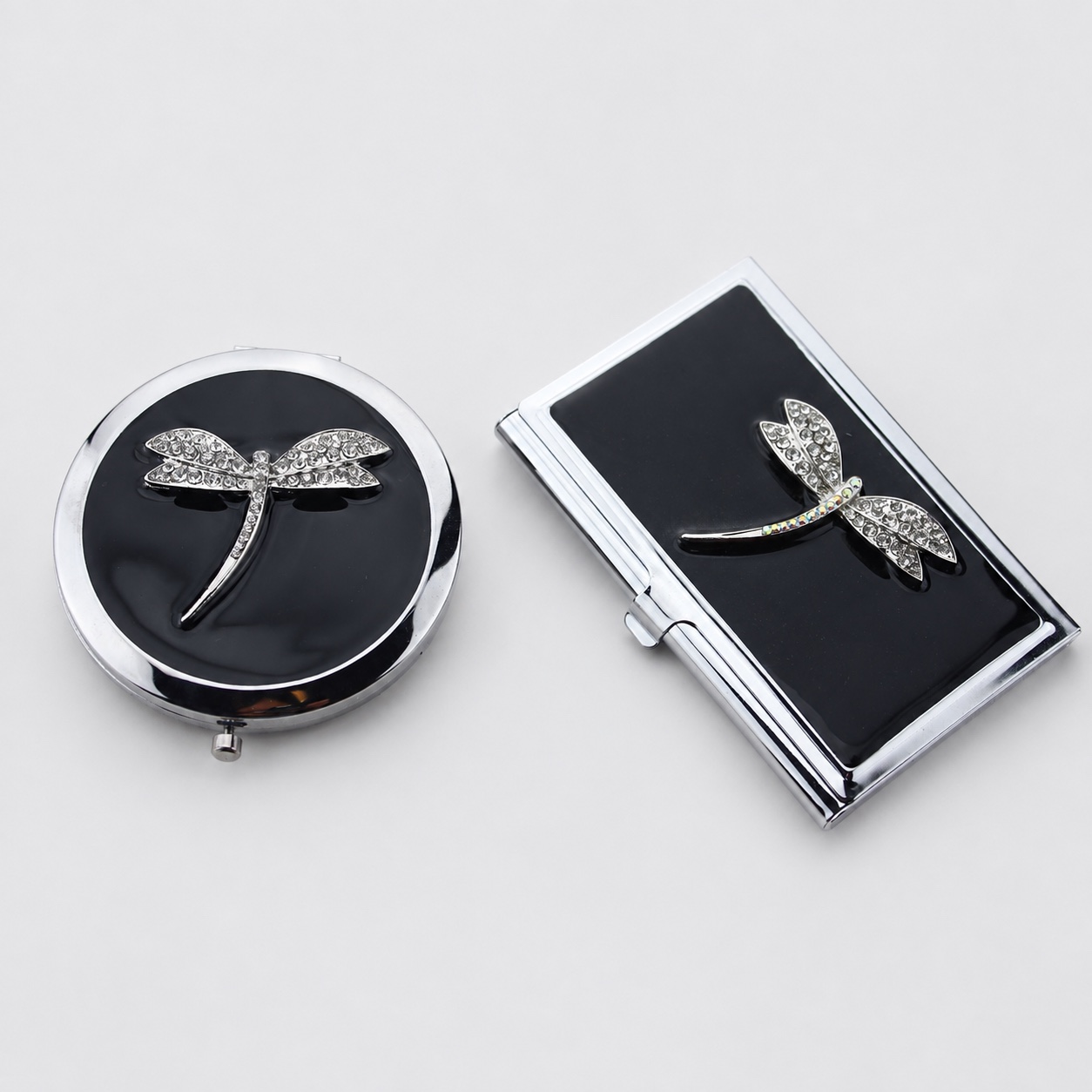 Black Dragonfly Compact Mirror & Card Holder Set