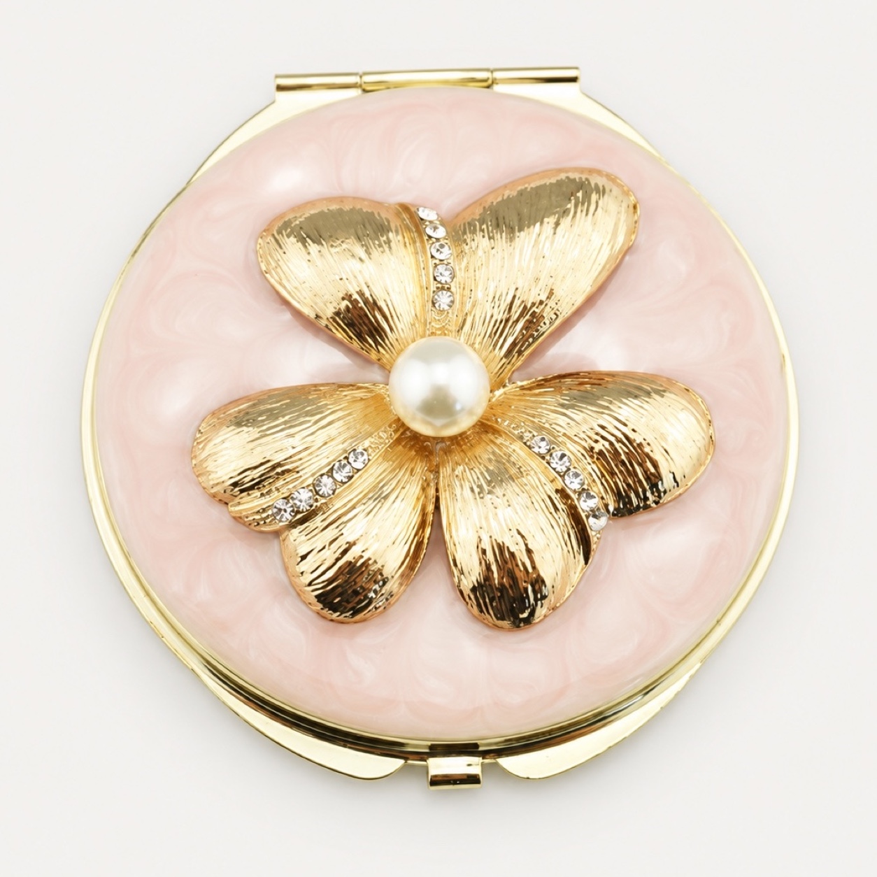 Gold Four-Petal Flower Enamel Compact Mirror