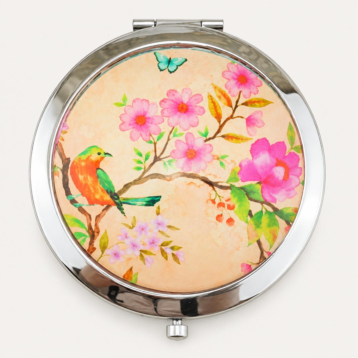 Watercolor Bird & Blossom Printed Dome Glass Compact Mirror - view 1