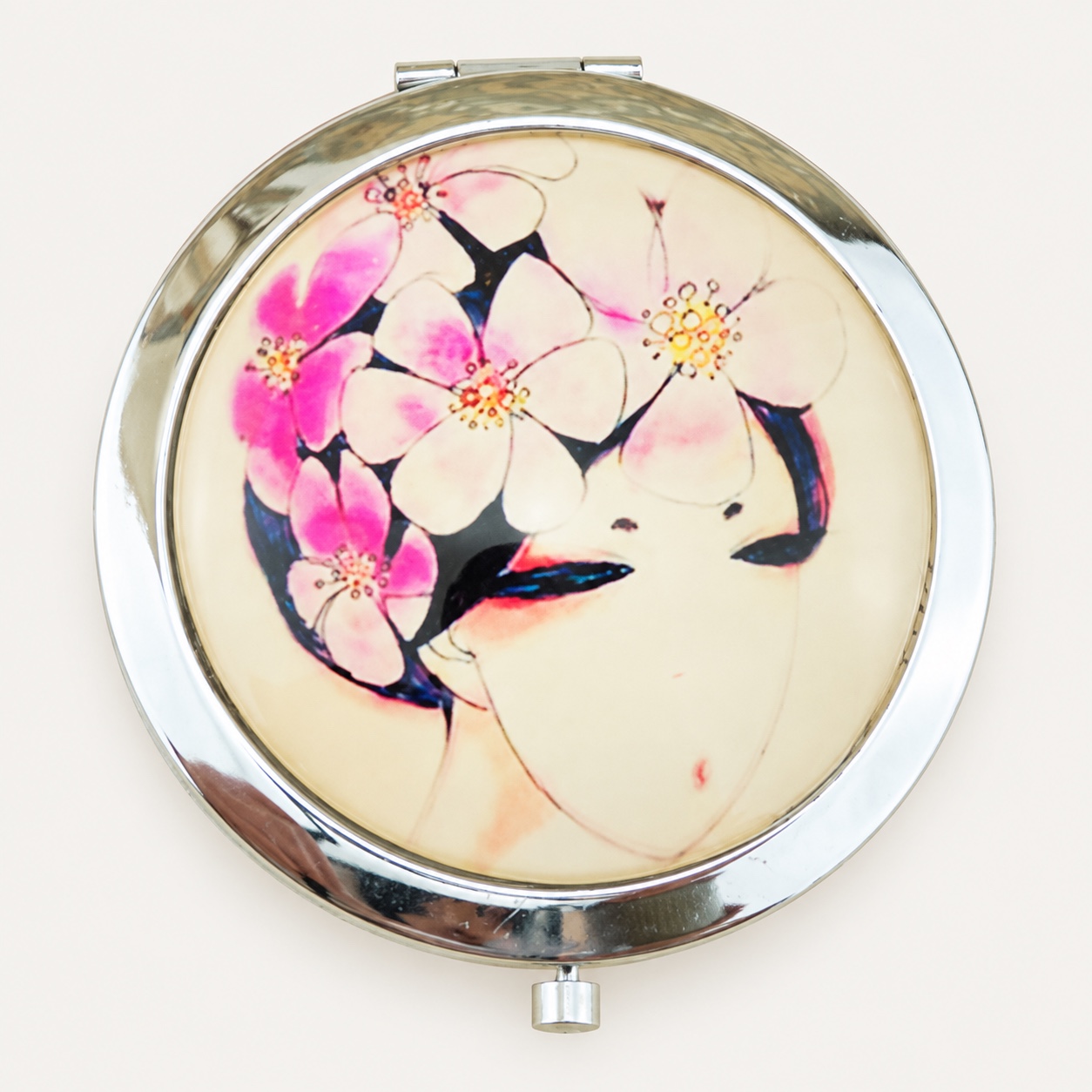 Floral Lady Portrait Printed Dome Glass Compact Mirror - view 1