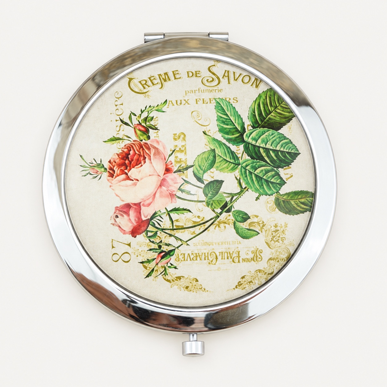 Vintage Botanical Rose Printed Dome Glass Compact Mirror - view 1