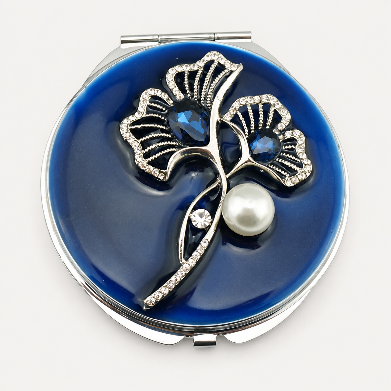 Ginkgo Leaf and Pearl Jeweled Compact Mirror