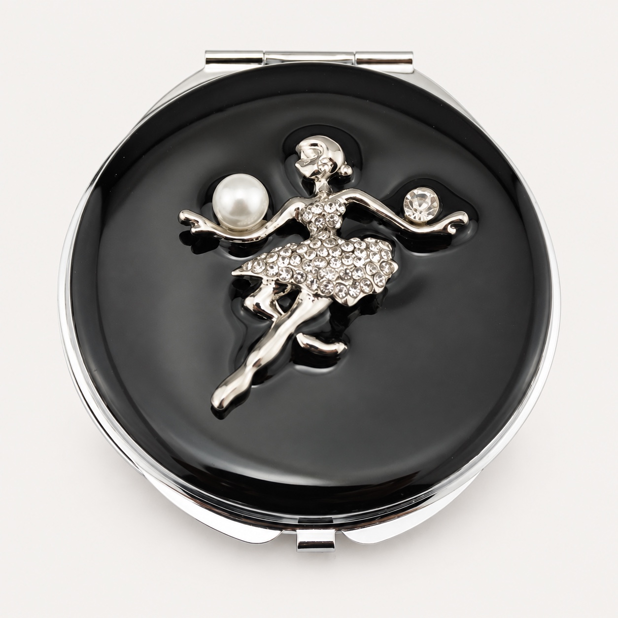 Crystal Fairy on Black Enamel Jeweled Compact Mirror