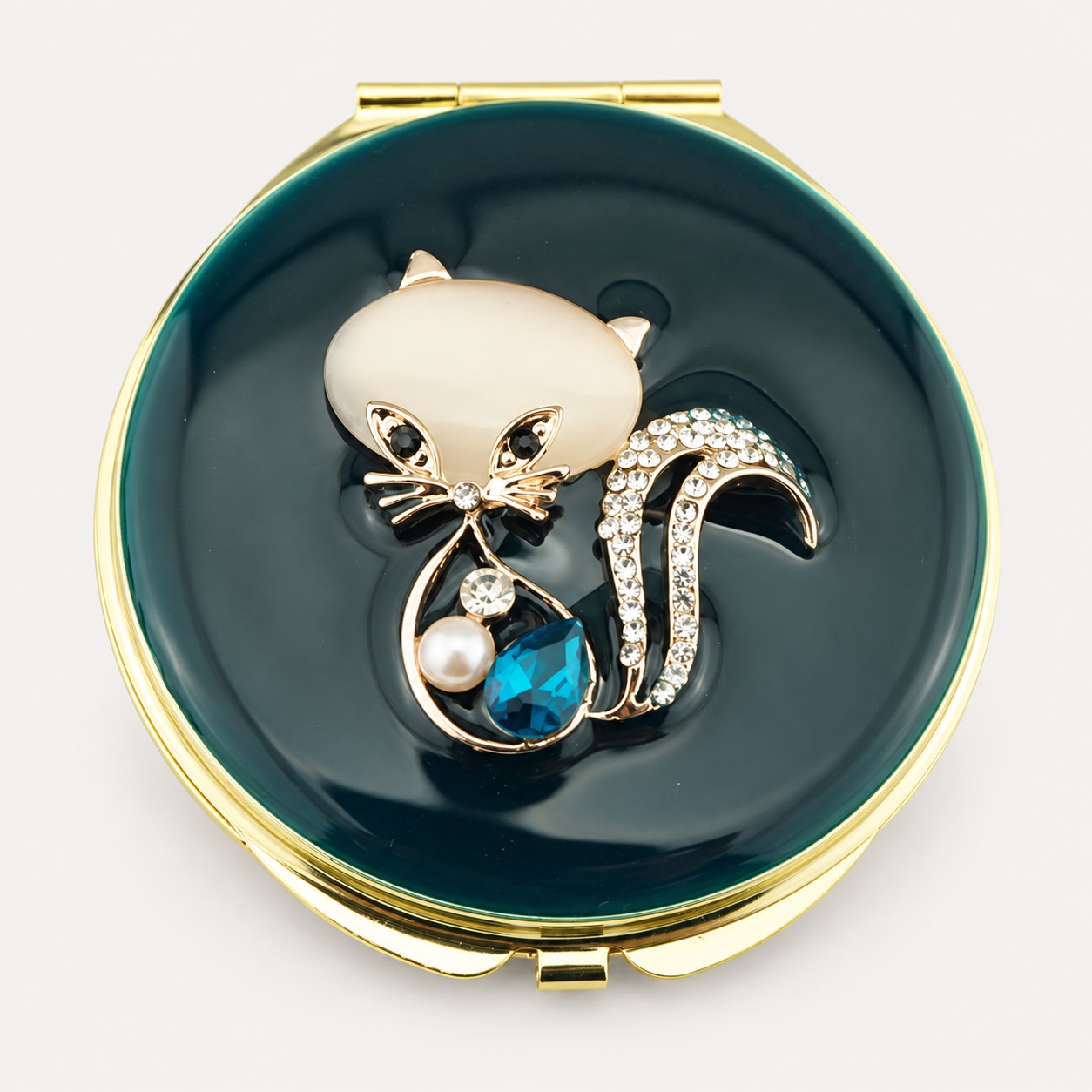 Emerald Crystal Cat Jeweled Compact Mirror