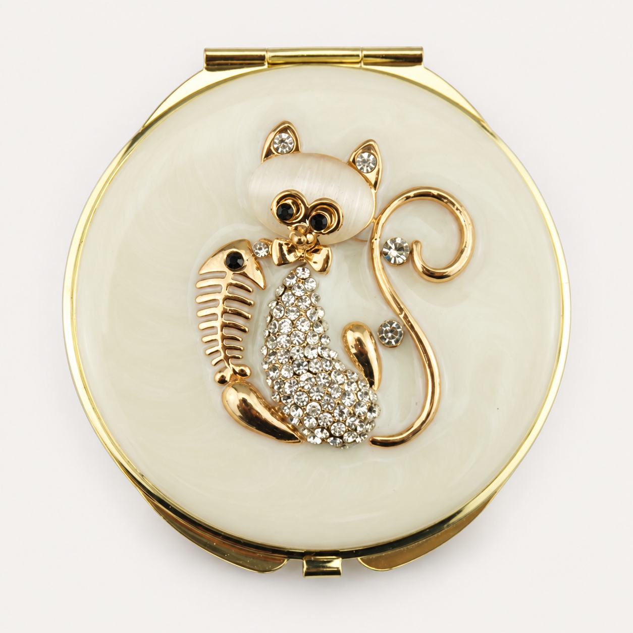 Gold Cat with Crystal Tail Jeweled Compact Mirror