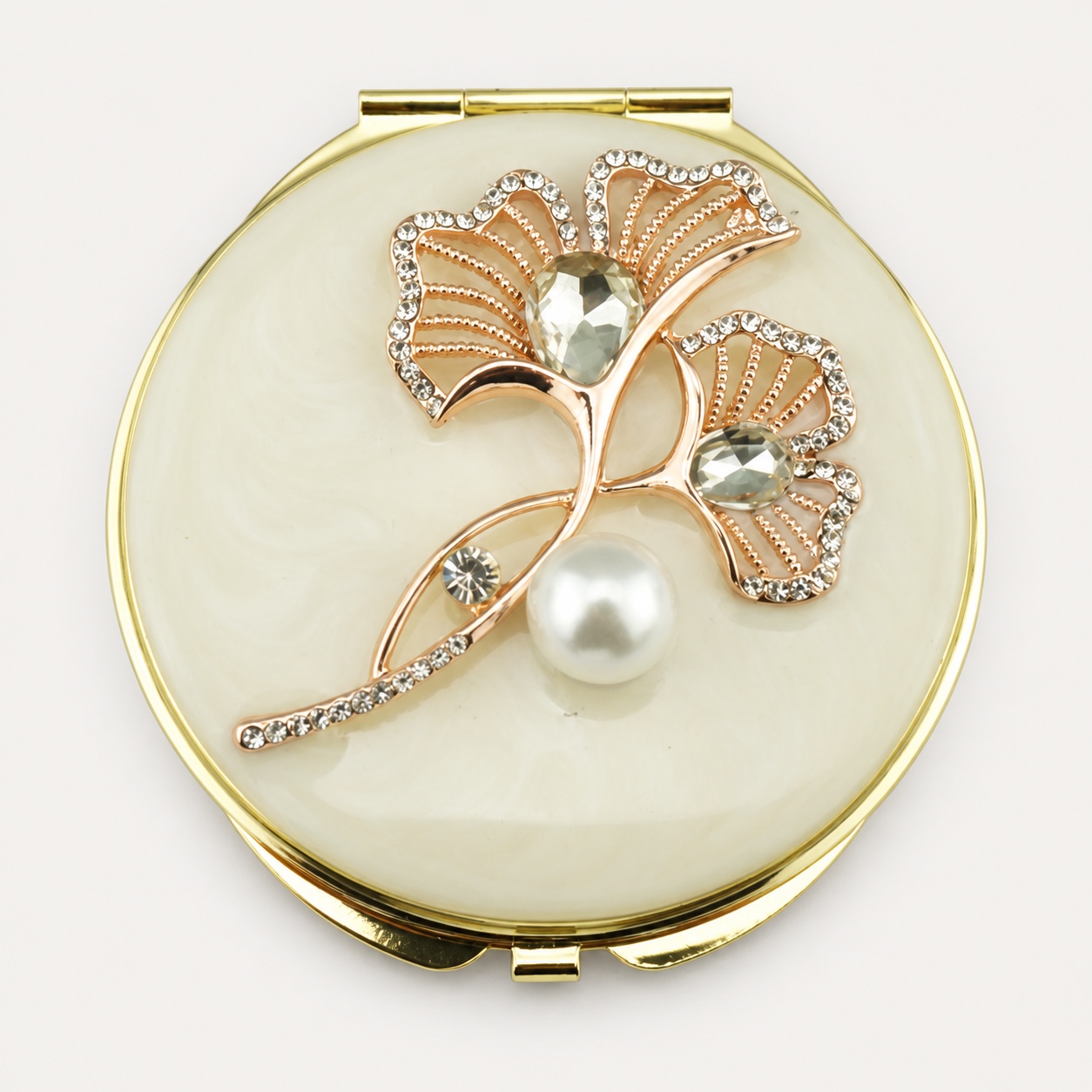 Ginkgo Leaf with Pearl Jeweled Compact Mirror