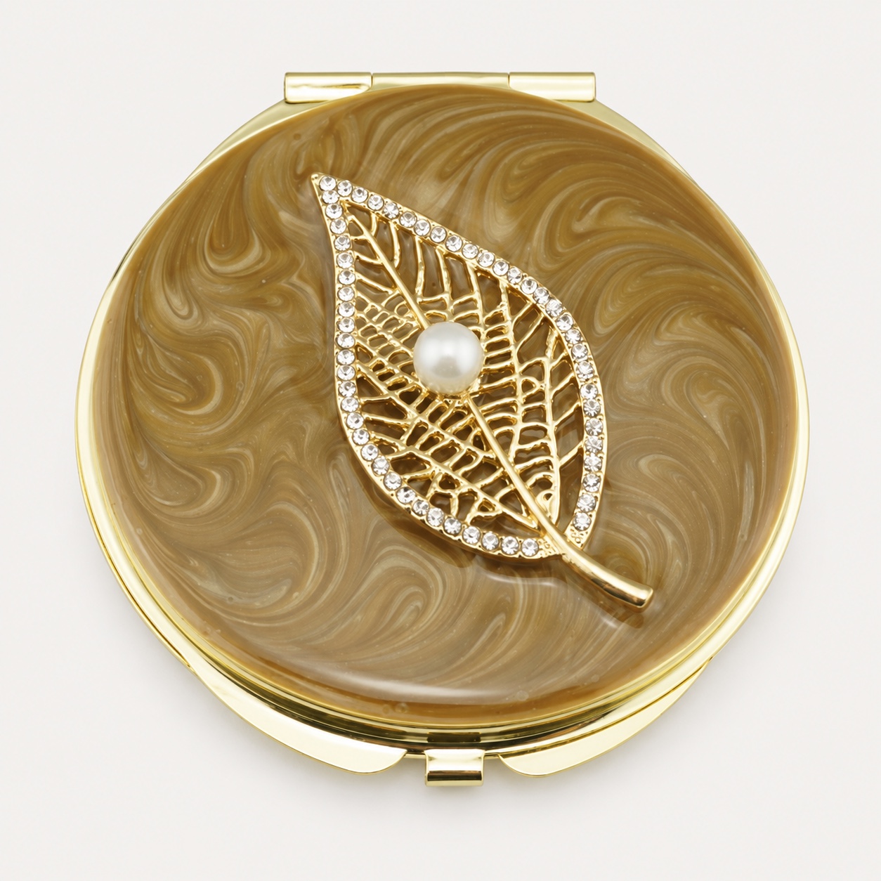 Crystal Leaf with Pearl Jeweled Compact Mirror